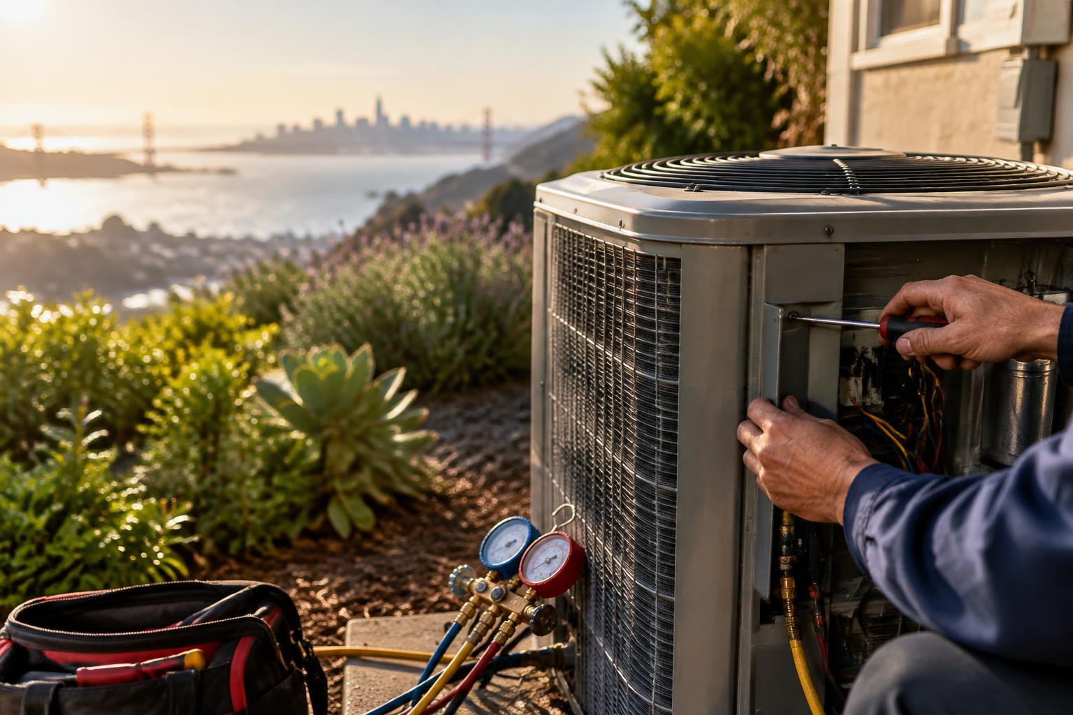 Technician servicing an outdoor HVAC unit
